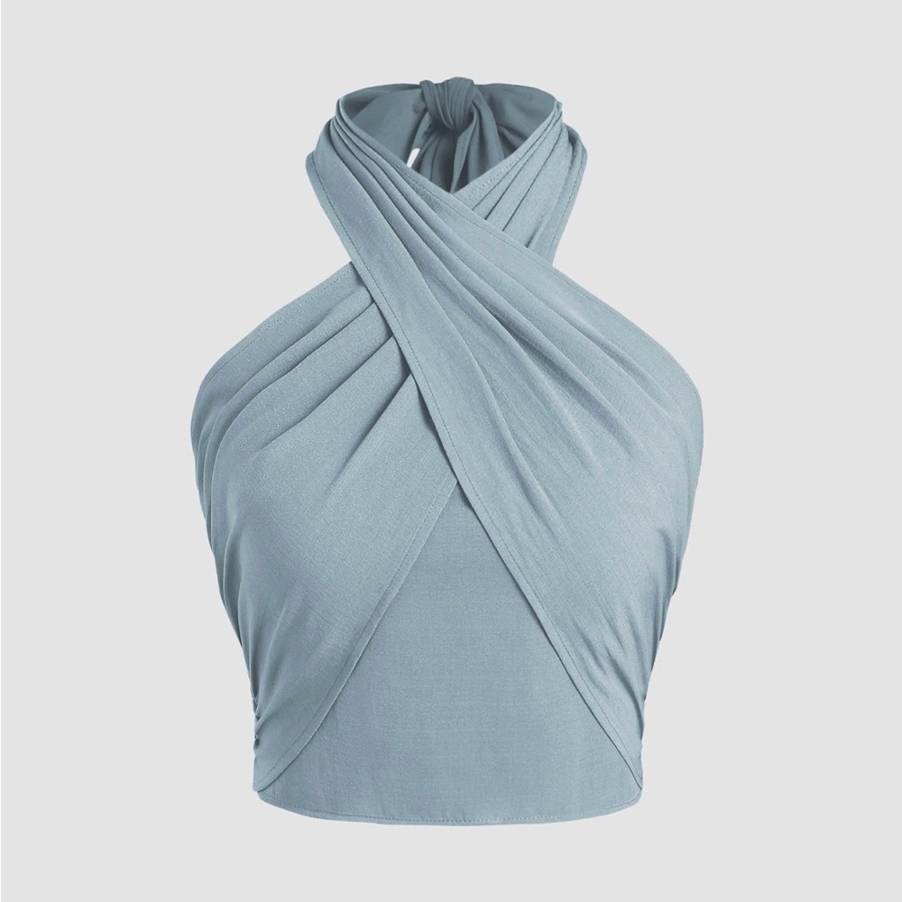 Cider Light Blue Twist Halter Crop Top